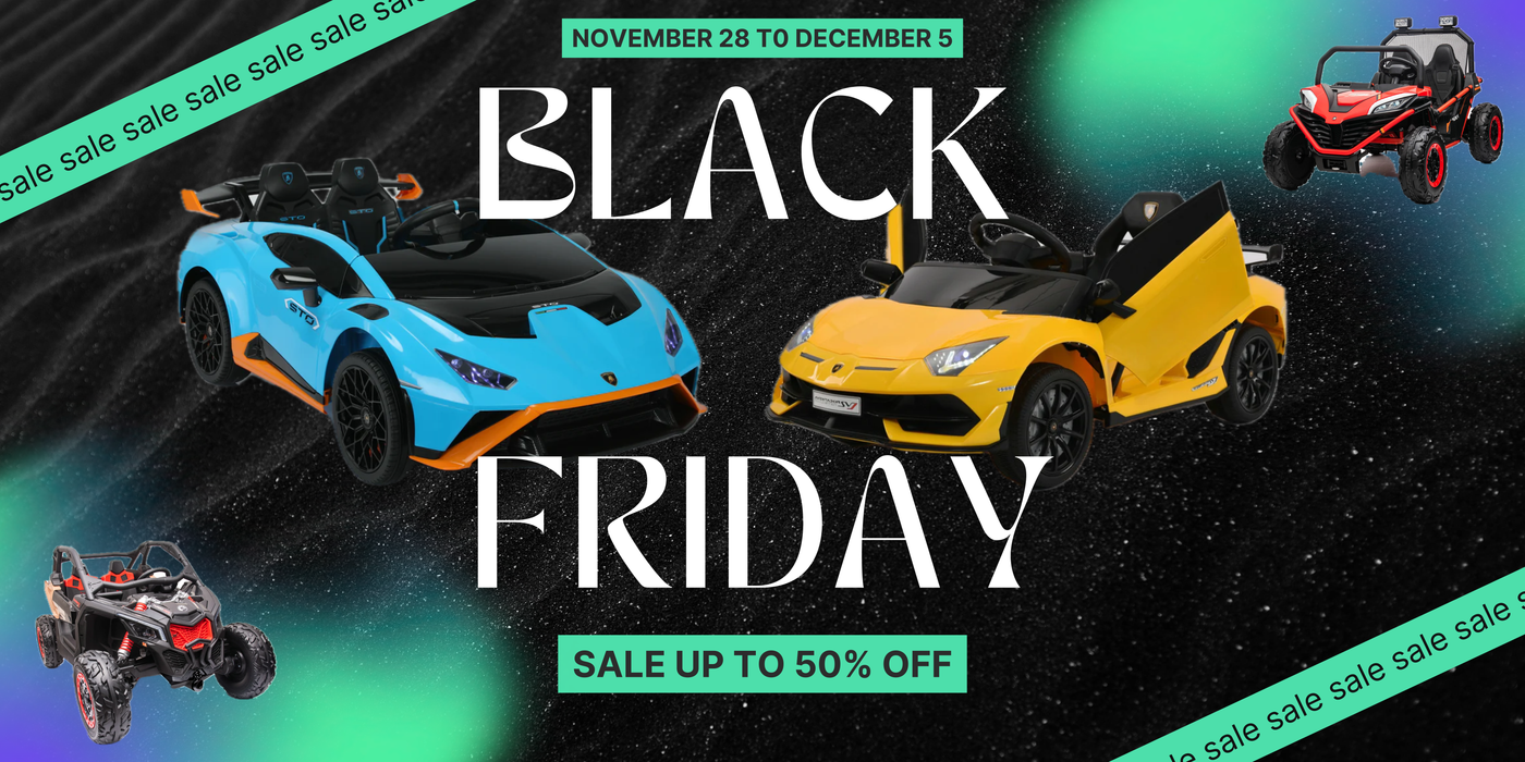 Black Friday sale advertisement with toy cars and off-road vehicles on a dark background.