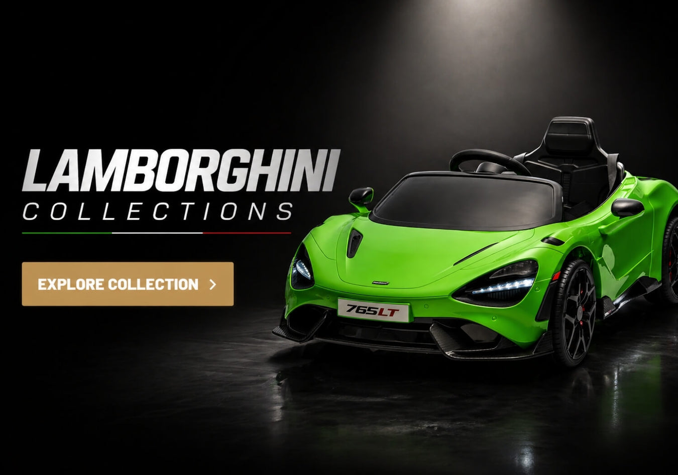A lineup of kids Lamborghini-style ride-on cars in bold colors, showcasing SonicTeck's luxury-inspired electric vehicle collection for children.
