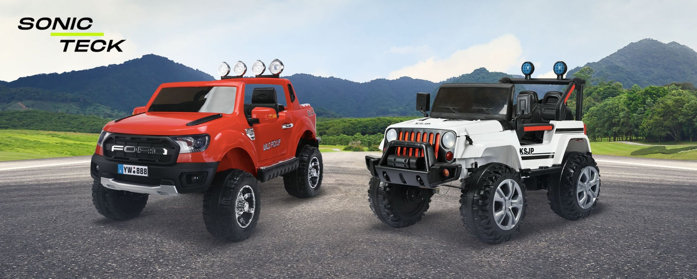 A premium kids ride-on SUV with a bold, upscale design, representing SonicTeck's luxury-inspired electric vehicles for children.