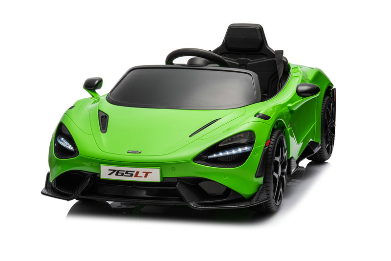 McLaren 765LT 12V Kids Ride-On Car in green with rubber tires, leather seat, LED lights, butterfly doors, parental remote control, and rechargeable battery.
electric-powered kids ride on car McLaren 765LT 12v