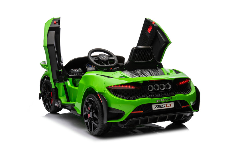 McLaren 765LT 12V Kids Ride-On Car in green with rubber tires, leather seat, LED lights, butterfly doors, parental remote control, and rechargeable battery.
electric-powered kids ride on car McLaren 765LT 12v