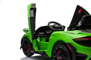McLaren 765LT 12V Kids Ride-On Car in green with rubber tires, leather seat, LED lights, butterfly doors, parental remote control, and rechargeable battery.
electric-powered kids ride on car McLaren 765LT 12v