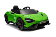 McLaren 765LT 12V Kids Ride-On Car in green with rubber tires, leather seat, LED lights, butterfly doors, parental remote control, and rechargeable battery.
electric-powered kids ride on car McLaren 765LT 12v