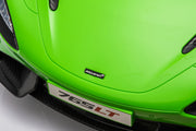 McLaren 765LT 12V Kids Ride-On Car in green with rubber tires, leather seat, LED lights, butterfly doors, parental remote control, and rechargeable battery.
electric-powered kids ride on car McLaren 765LT 12v