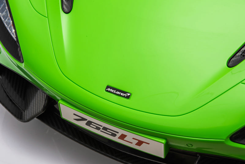 McLaren 765LT 12V Kids Ride-On Car in green with rubber tires, leather seat, LED lights, butterfly doors, parental remote control, and rechargeable battery.
electric-powered kids ride on car McLaren 765LT 12v
