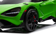 McLaren 765LT 12V Kids Ride-On Car in green with rubber tires, leather seat, LED lights, butterfly doors, parental remote control, and rechargeable battery.
electric-powered kids ride on car McLaren 765LT 12v
