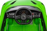 McLaren 765LT 12V Kids Ride-On Car in green with rubber tires, leather seat, LED lights, butterfly doors, parental remote control, and rechargeable battery.
electric-powered kids ride on car McLaren 765LT 12v