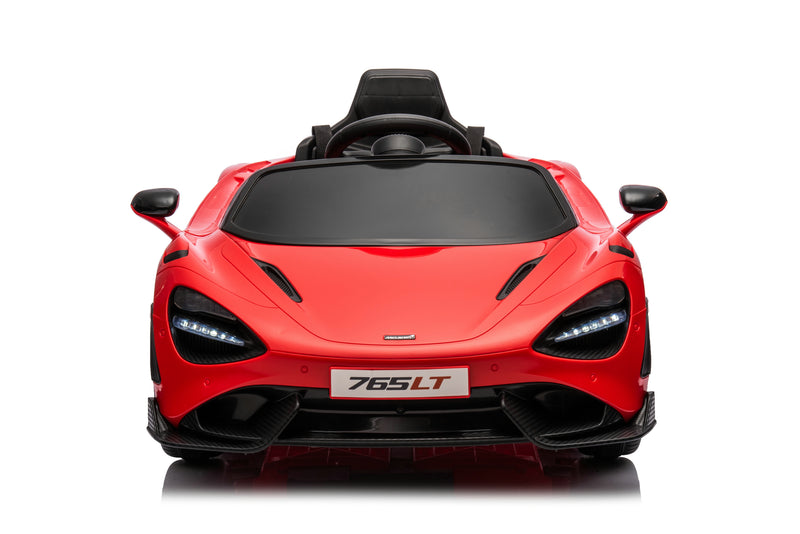 McLaren 765LT 12V Kids Ride-On Car in red with rubber tires, leather seat, LED lights, butterfly doors, parental remote control, and rechargeable battery.
electric-powered kids ride on car McLaren 765LT 12v