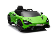 McLaren 765LT 12V Kids Ride-On Car in green with rubber tires, leather seat, LED lights, butterfly doors, parental remote control, and rechargeable battery.
electric-powered kids ride on car McLaren 765LT 12v
