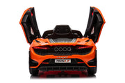 McLaren 765LT 12V Kids Ride-On Car in orange with rubber tires, leather seat, LED lights, butterfly doors, parental remote control, and rechargeable battery.
electric-powered kids ride on car McLaren 765LT 12v