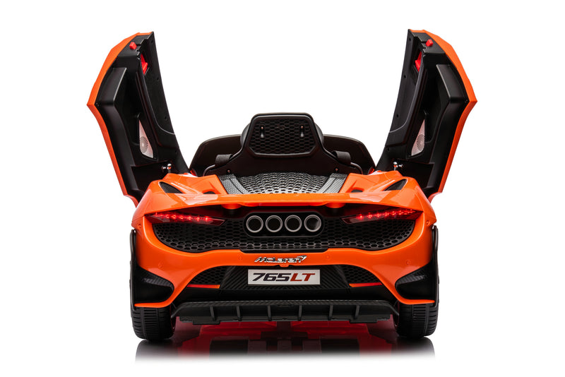 McLaren 765LT 12V Kids Ride-On Car in orange with rubber tires, leather seat, LED lights, butterfly doors, parental remote control, and rechargeable battery.
electric-powered kids ride on car McLaren 765LT 12v