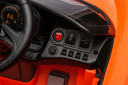 McLaren 765LT 12V Kids Ride-On Car in orange with rubber tires, leather seat, LED lights, butterfly doors, parental remote control, and rechargeable battery.
electric-powered kids ride on car McLaren 765LT 12v