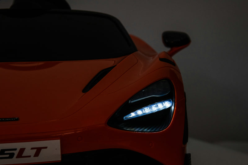 McLaren 765LT 12V Kids Ride-On Car in orange with rubber tires, leather seat, LED lights, butterfly doors, parental remote control, and rechargeable battery.
electric-powered kids ride on car McLaren 765LT 12v