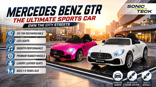 Promotional graphic for a Mercedes-Benz GTR ride-on toy car set by Sonic Teck, showing two toy cars: one pink and one white. The image includes feature callouts on the left and icons for remote control, Bluetooth sound system, and safety seatbelt at the bottom right.