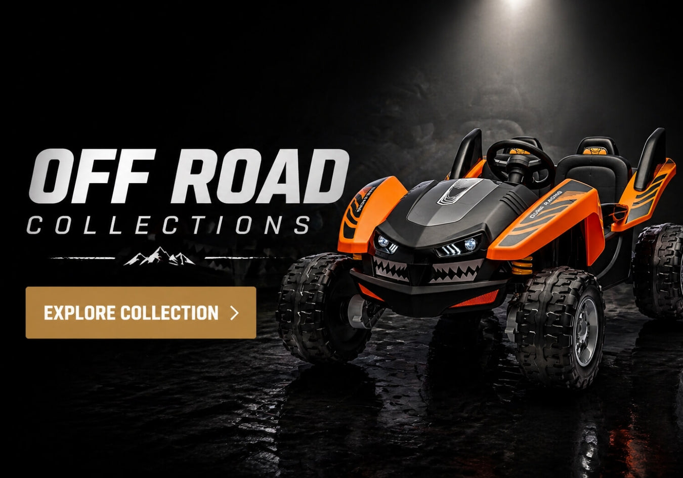 A rugged collection of kids off-road ride-on cars with bold designs and durable tires, showcasing SonicTeck's adventure-ready electric vehicles for outdoor play.