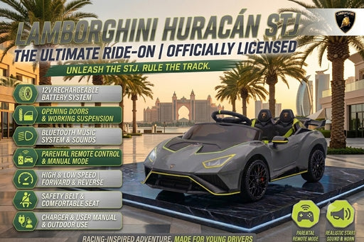 Promotional graphic for a Lamborghini Huracán STJ ride-on toy car, showing the gray and yellow vehicle on a track with palm trees and a resort background. Large text lists features such as 12V rechargeable battery system, Bluetooth music, parental remote control, and high-speed forward and reverse.
