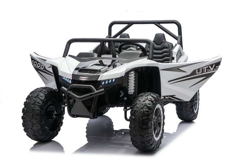 Premium kids ride-on UTV with rubber tires and leather seats.