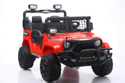 Angled view of a 2-seater kids electric Jeep with Bluetooth and suspension
