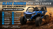 Blue and black 2-seater UTV off-road vehicle shown in a dirt scene with large marketing text and feature callouts on the left side.