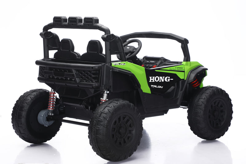 A green and black 4-seat electric ride-on UTV toy with large off-road tires, shown from a three-quarter rear angle on a white background.