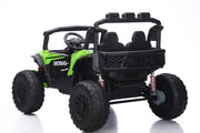 A black and lime green 4WD kids' ride-on utility vehicle with four seats, shown from a three-quarter rear angle on a white background.