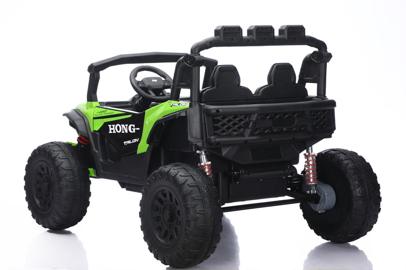 A black and lime green 4WD kids' ride-on utility vehicle with four seats, shown from a three-quarter rear angle on a white background.