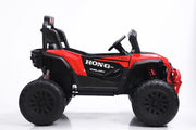 A red and black Hong Tylon 4X electric ride-on ATV with large off-road tires, a black seat, and a black steering wheel, photographed from the side against a white studio background.