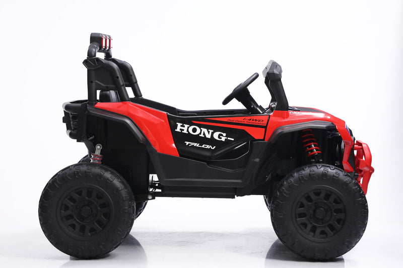 A red and black Hong Tylon 4X electric ride-on ATV with large off-road tires, a black seat, and a black steering wheel, photographed from the side against a white studio background.
