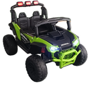 A children's four-seat ride-on toy UTV buggy in lime green and black, featuring a roll cage, four large off-road tires, a front bull bar, and LED headlights, shown on a plain white background.