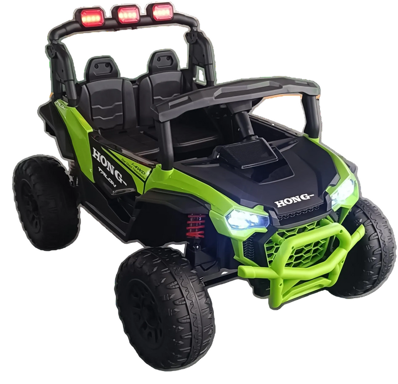 A children's four-seat ride-on toy UTV buggy in lime green and black, featuring a roll cage, four large off-road tires, a front bull bar, and LED headlights, shown on a plain white background.
