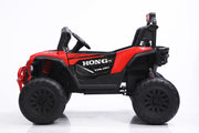 A red and black children's electric ride-on ATV toy with large black off-road tires, a black seat, and 'HONG TAILON' branding on the side, photographed against a seamless white background.