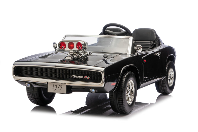 A black 1970 Dodge Charger toy car with chrome details, a custom engine decoration, and a convertible design, shown on a white background with a reflection.