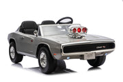 A gray toy car styled like a 1970 Dodge Charger R/T, featuring a black convertible top, chrome wheels, and a prominent chrome supercharger decoration on the hood, set against a plain white background.