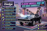 Promotional graphic for a toy muscle car ride-on featuring a black classic Dodge Charger R/T model. The image includes a stylized neon sign, a city street scene at dusk, and multiple feature callouts such as 24V system, authentic RT design, EVA rubber tires, remote control, smoke effect, LED lighting, and multimedia.