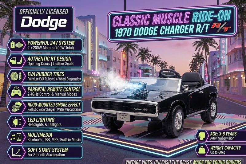 Promotional graphic for a toy muscle car ride-on featuring a black classic Dodge Charger R/T model. The image includes a stylized neon sign, a city street scene at dusk, and multiple feature callouts such as 24V system, authentic RT design, EVA rubber tires, remote control, smoke effect, LED lighting, and multimedia.