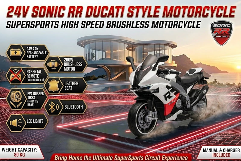 24V Motorcycle Sonic RR Ducati Style Kids Ride-on SuperSports High Speed 18kmh | 2 Seater - Brushless 24volts