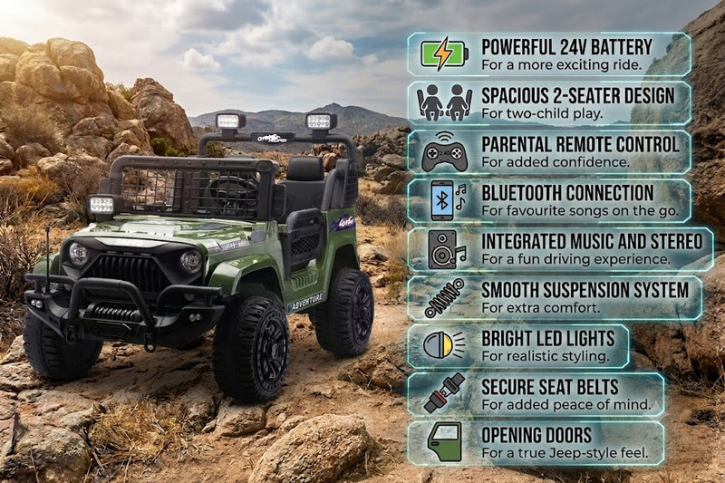 24V 2-Seater Kids Ride-On Jeep with Remote Control, Bluetooth, LED Lights & Suspension