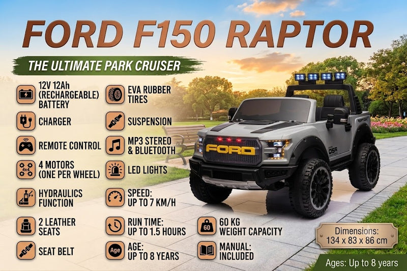 Ford F150 Raptor Ride-On Truck 4x4 – 12V Two-Seater Kids Electric Car with Rubber Wheels, Leather Seats, Hydraulics & Remote Control