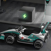 Formula F1 24V Kids Ride-On Go-Kart with brushless motor, drifting rear wheels, LED glow lights, leather seat, Bluetooth stereo, parental remote control, metal chassis, and dual-size adjustable pedals for kids and small adults. High-speed 24V battery-powered electric racing go-kart for ultimate fun and performance