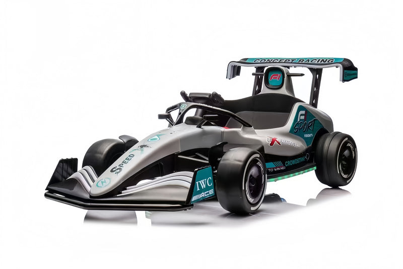 Formula F1 24V Kids Ride-On Go-Kart with brushless motor, drifting rear wheels, LED glow lights, leather seat, Bluetooth stereo, parental remote control, metal chassis, and dual-size adjustable pedals for kids and small adults. High-speed 24V battery-powered electric racing go-kart for ultimate fun and performance