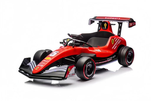 Formula F1 24V Kids Ride-On Go-Kart with brushless motor, drifting rear wheels, LED glow lights, leather seat, Bluetooth stereo, parental remote control, metal chassis, and dual-size adjustable pedals for kids and small adults. High-speed 24V battery-powered electric racing go-kart for ultimate fun and performance