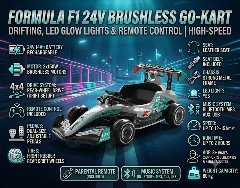 Formula F1 24V Brushless Kids Ride-On Go-Kart | Drifting, LED Glow Lights & Remote Control | High-Speed