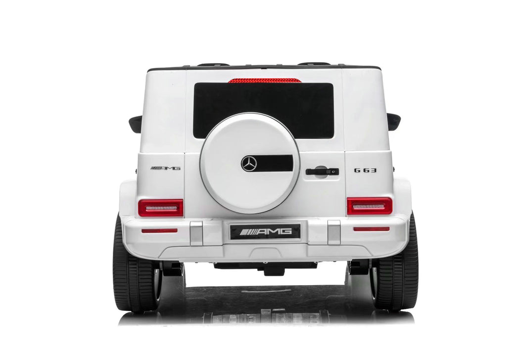 Two-seater Mercedes G63 24V ride-on SUV for kids with leather seats and Bluetooth music system.