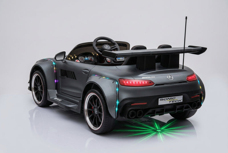 Rear View of Grey Mercedes-Benz AMG GT ride-on car with an underglow and LED lights turned on