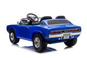 A blue convertible toy car styled like a classic muscle car, shown from a rear three-quarter angle on a clean white background.
