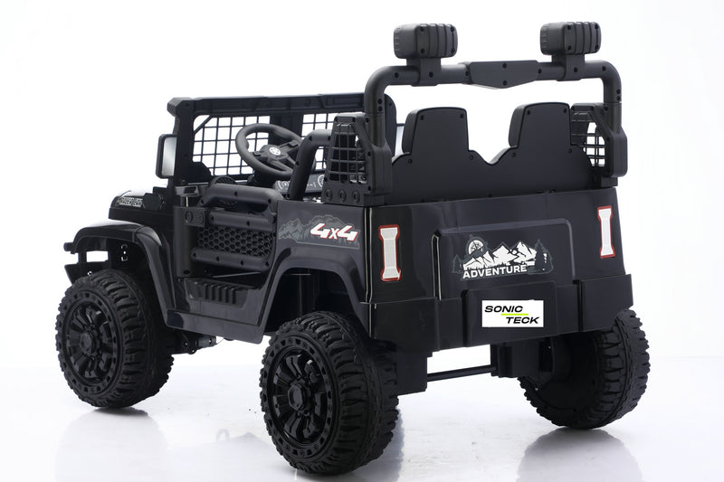 Close-up of a 2-seater Jeep for kids with realistic styling and detailed finish