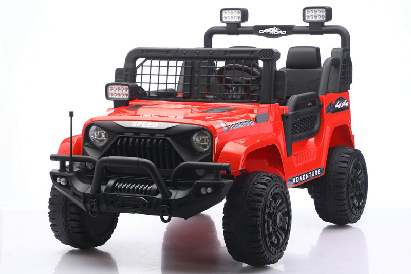 24V 2-seater kids ride-on Jeep with remote control, Bluetooth, LED lights, and suspension