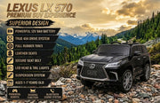 Black Lexus LX 570 kids 12V ride-on SUV with prominent spindle front grille, LED headlights, and multi-spoke chrome wheels parked on a rocky mountain pass path