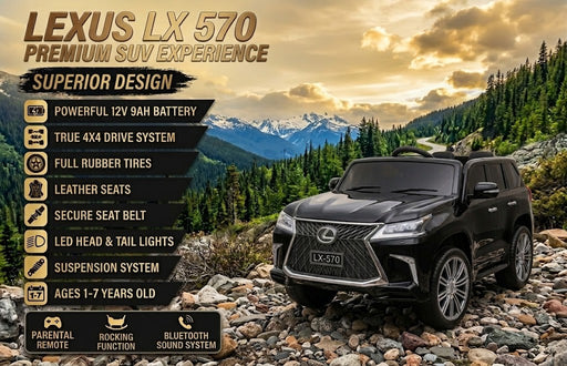 Black Lexus LX 570 kids 12V ride-on SUV with prominent spindle front grille, LED headlights, and multi-spoke chrome wheels parked on a rocky mountain pass path