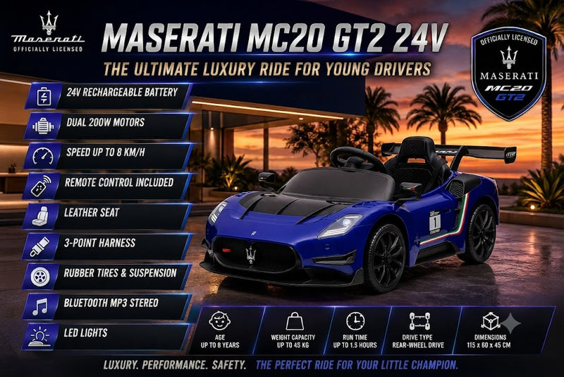 Maserati MC20 GT2 24V Kids Ride-On Car – Luxury Supercar with Leather Seats & Rubber Tires | SonicTeck